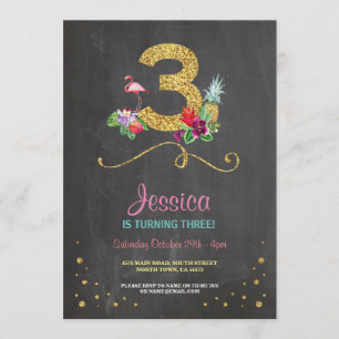 Flamingo Aloha 3rd 3 Birthday Party Chalk Invite Kaart