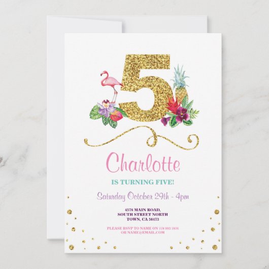 Flamingo Aloha 5e 5 Verjaardagsfeest Uitnodigen Kaart (Voorkant)