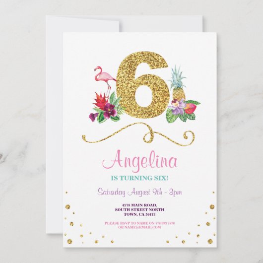 Flamingo Aloha 6e Zes verjaardag Uitnodiging (Voorkant)
