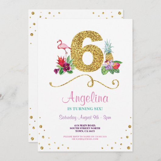 Flamingo Aloha 6e Zes verjaardag Uitnodiging (Voorkant / Achterkant)