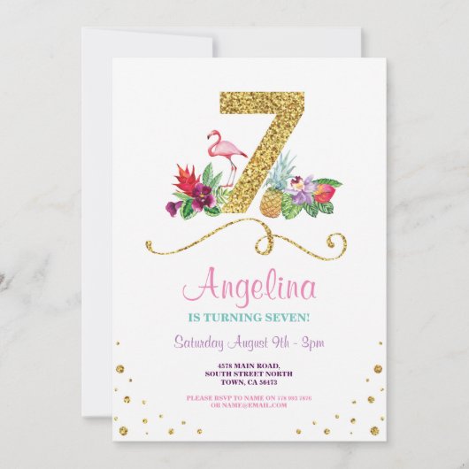 Flamingo Aloha 7e 7 verjaardagsfeestje Uitnodigen Kaart (Voorkant)