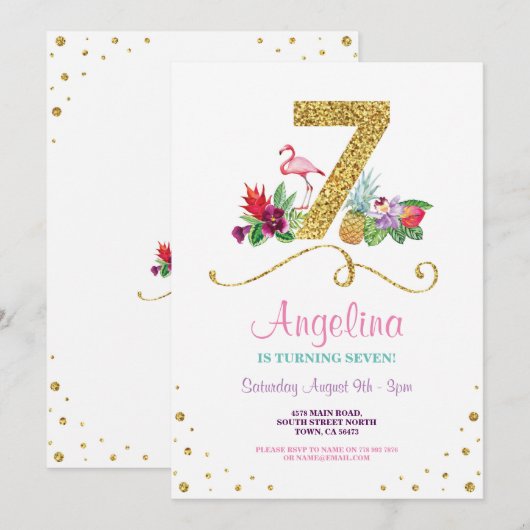 Flamingo Aloha 7e 7 verjaardagsfeestje Uitnodigen Kaart (Voorkant / Achterkant)