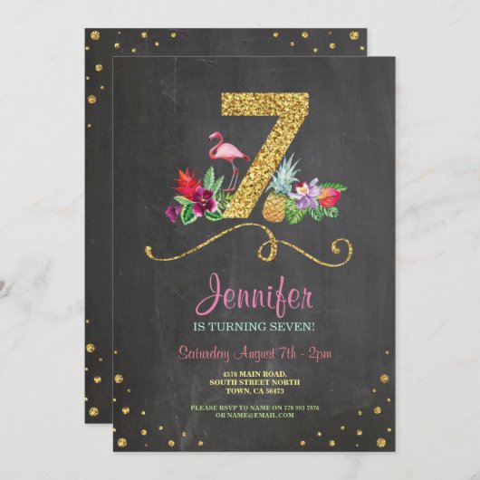 Flamingo Aloha 7th Birthday 7 Party Chalk Invite Kaart (Voorkant / Achterkant)