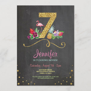 Flamingo Aloha 7th Birthday 7 Party Chalk Invite Kaart
