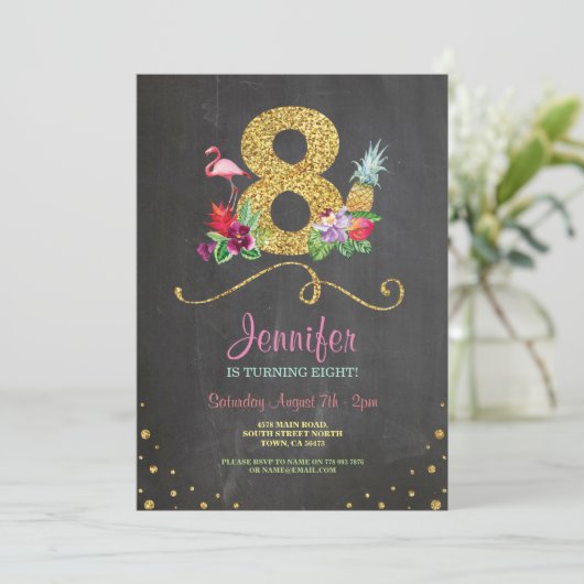 Flamingo Aloha 8e Verjaardag 8 Party Chalk Uitnodi Kaart (Staand voorkant)