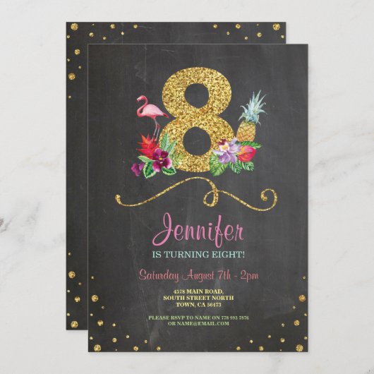 Flamingo Aloha 8e Verjaardag 8 Party Chalk Uitnodi Kaart (Voorkant / Achterkant)