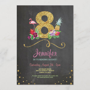 Flamingo Aloha 8th Birthday 8 Party Chalk Invite Kaart