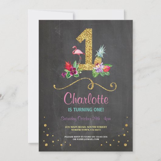 Flamingo Aloha First 1 1st Birthday Party Invite Kaart (Voorkant)