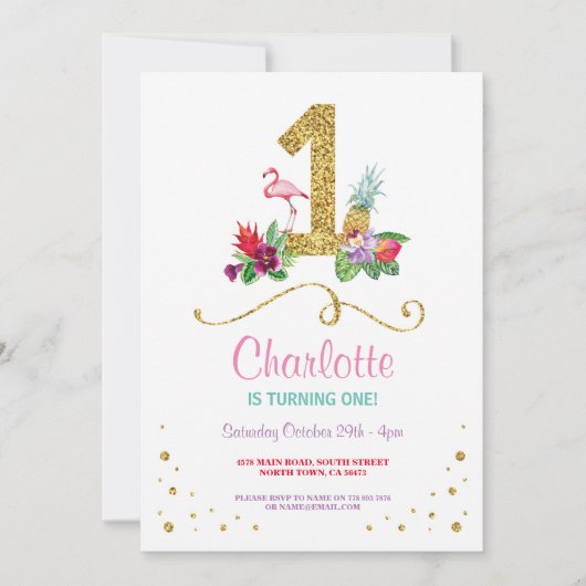 Flamingo Aloha First One Birthday Party Invite Kaart (Voorkant)