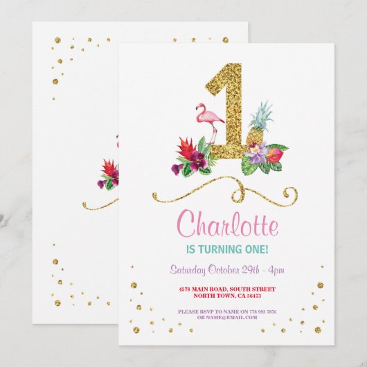 Flamingo Aloha First One Birthday Party Invite Kaart (Voorkant / Achterkant)