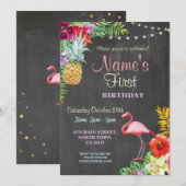 Flamingo Aloha Girl's First Birthday Invitation Kaart (Voorkant / Achterkant)
