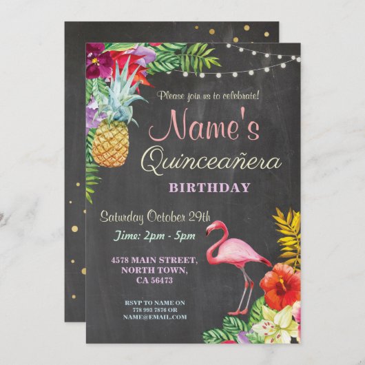Flamingo Aloha Quinceanera Verjaardagsfeest Uitnod Kaart (Voorkant / Achterkant)