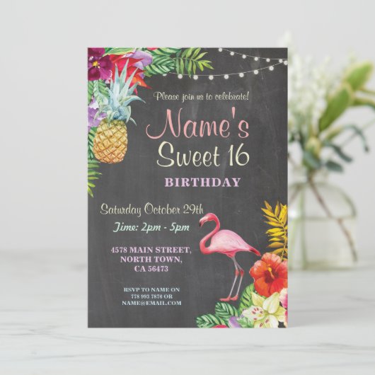 Flamingo Aloha Sweet 16 16th Birthday Party Invite Kaart (Staand voorkant)