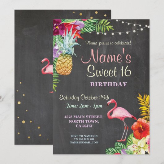 Flamingo Aloha Sweet 16 16th Birthday Party Invite Kaart (Voorkant / Achterkant)