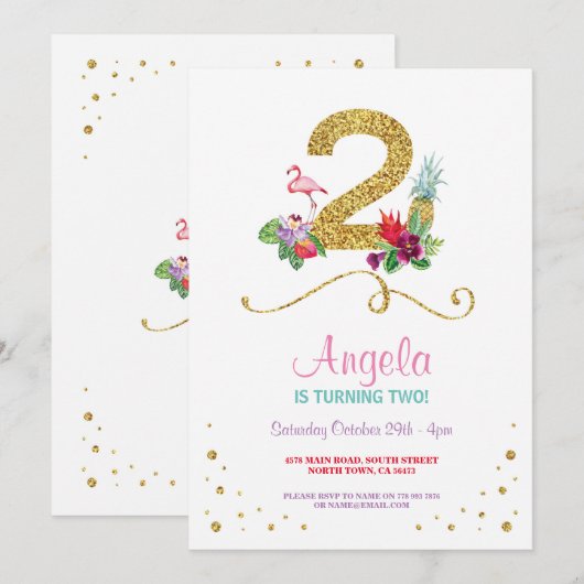 Flamingo Aloha Tweede 2e verjaardag van de Uitnodi Kaart (Voorkant / Achterkant)