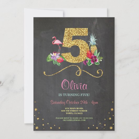 Flamingo Aloha Vijfde 5 Verjaardag Party Chalk Uit Kaart (Voorkant)