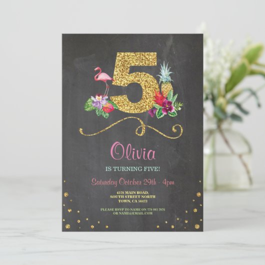 Flamingo Aloha Vijfde 5 Verjaardag Party Chalk Uit Kaart (Staand voorkant)