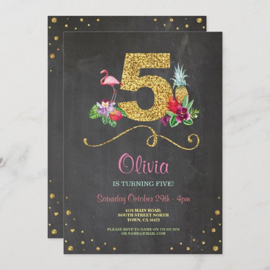 Flamingo Aloha Vijfde 5 Verjaardag Party Chalk Uit Kaart (Voorkant / Achterkant)