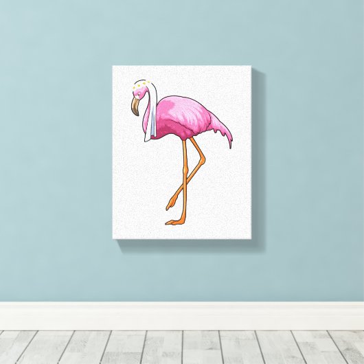 Flamingo als Bride met Veil Canvas Afdruk (Insitu (Houten vloer))