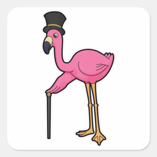 Flamingo als gom met Pet en stok Vierkante Sticker (Voorkant)