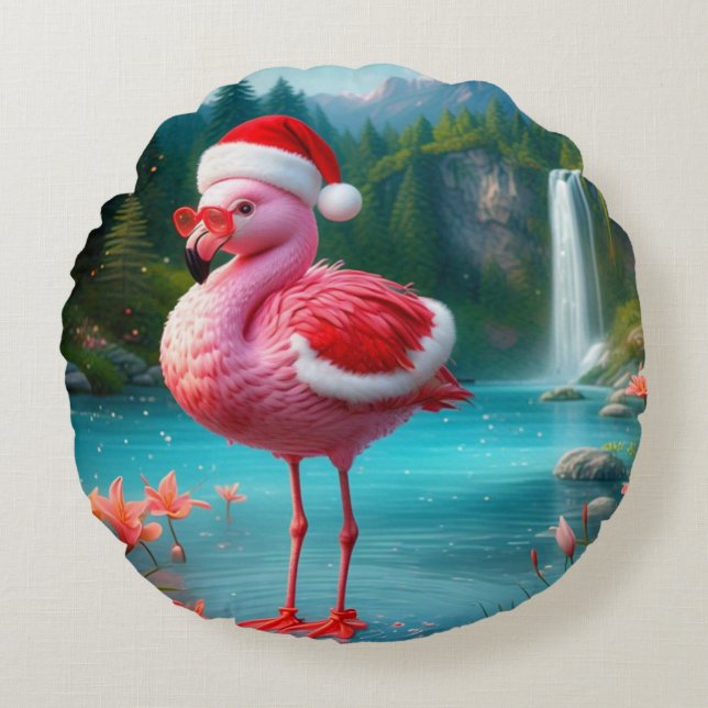 Flamingo als Kerstman-47475 Rond Kussen (Voorkant)