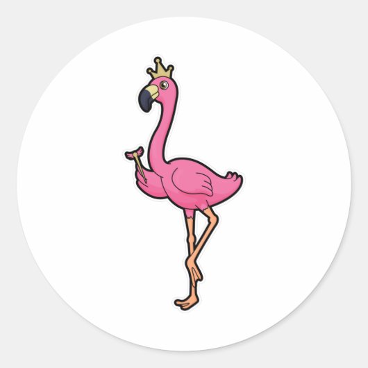 Flamingo als koning met kroon en personeel ronde sticker (Voorkant)