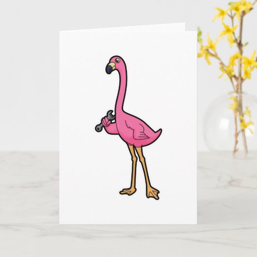 Flamingo als Mechanisch met moersleutel Kaart (Gele Bloem)