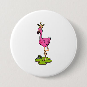 Flamingo als prinses met Kroon Ronde Button 7,6 Cm