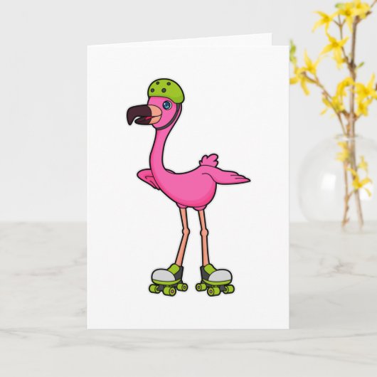 Flamingo als schaatser met rollerschaatsen en helm kaart (Gele Bloem)