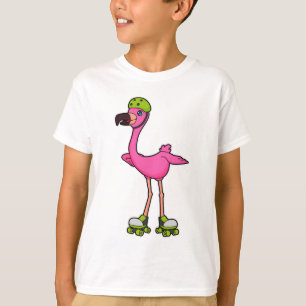 Flamingo als schaatser met rollerschaatsen en helm t-shirt