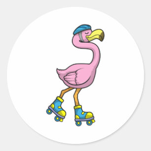 Flamingo als Skater met Schaatsen en helm Ronde Sticker
