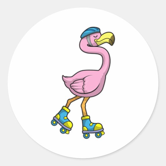 Flamingo als Skater met Schaatsen en helm Ronde Sticker (Voorkant)