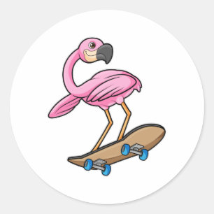 Flamingo als Skater met Skateboard Ronde Sticker