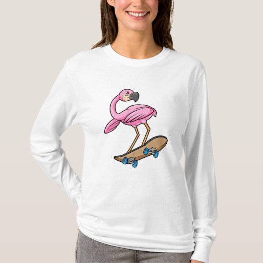 Flamingo als Skater met Skateboard T-shirt (Voorkant)