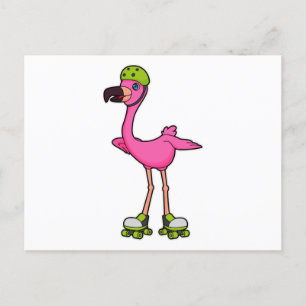 Flamingo als skater met skeelers & helm briefkaart