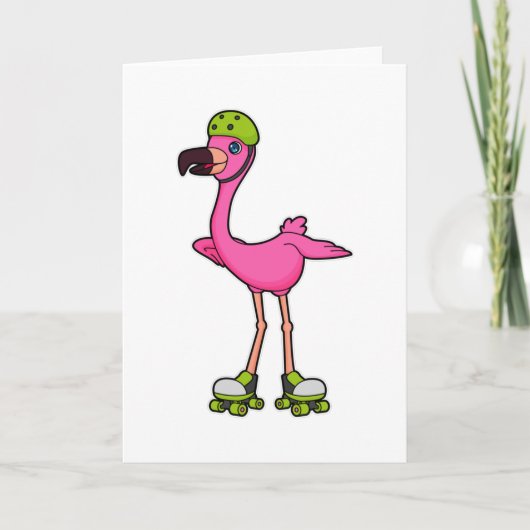 Flamingo als skater met skeelers & helm kaart (Voorkant)