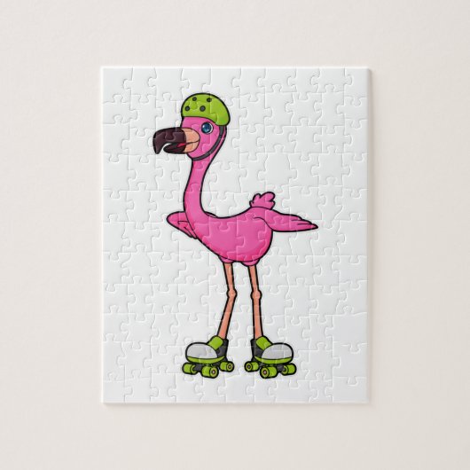 Flamingo als skater met skeelers & helm legpuzzel (Verticaal)