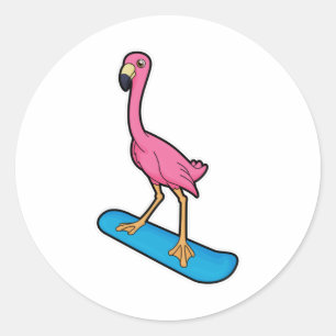 Flamingo als Snowboarder met Snowbaord Ronde Sticker
