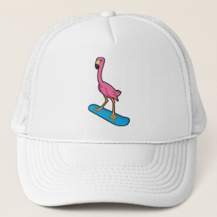 Flamingo als Snowboarder met Snowbaord Trucker Pet