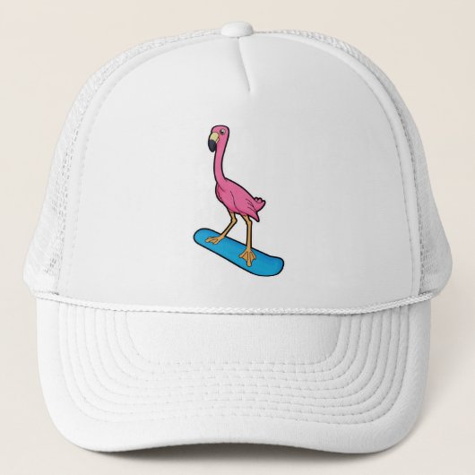 Flamingo als Snowboarder met Snowbaord Trucker Pet (Voorkant)