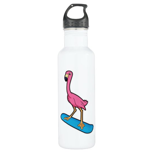 Flamingo als Snowboarder met Snowbaord Waterfles (Voorkant)