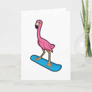 Flamingo als snowboarder met snowboard kaart
