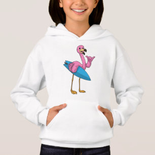Flamingo als Surfer met Surfboard
