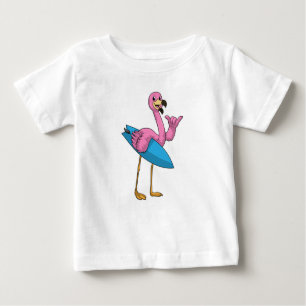 Flamingo als Surfer met Surfboard