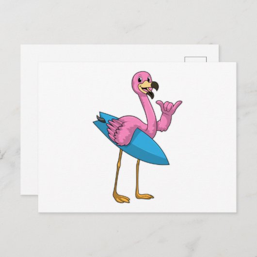 Flamingo als Surfer met Surfboard Briefkaart (Voorkant / Achterkant)