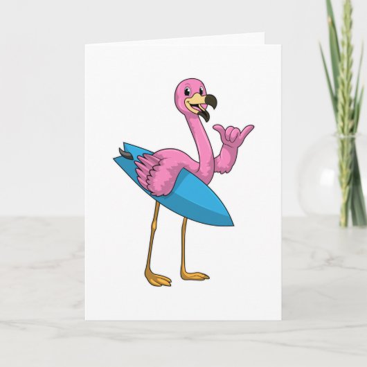 Flamingo als Surfer met Surfboard Kaart (Voorkant)
