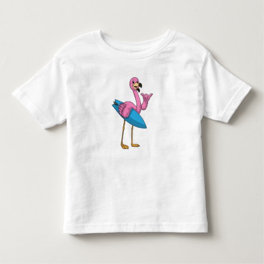 Flamingo als Surfer met Surfboard Kinder Shirts (Voorkant)