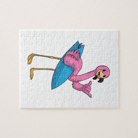 Flamingo als Surfer met Surfboard Legpuzzel (Horizontaal)