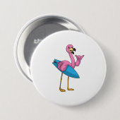 Flamingo als Surfer met Surfboard Ronde Button 7,6 Cm (Voorkant /achterkant)