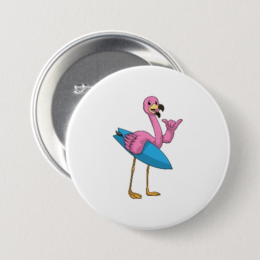 Flamingo als Surfer met Surfboard Ronde Button 7,6 Cm (Voorkant /achterkant)